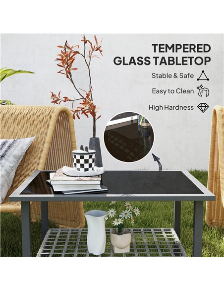 Outsunny Outdoor Rattan Coffee Table with Tempered Glass Top, Storage Shelf, Foot Pads, for Patio, Balcony, Mixed-grey - pic 156672 | FastDaddyshop