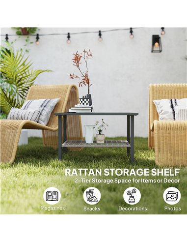 Outsunny Outdoor Rattan Coffee Table with Tempered Glass Top, Storage Shelf, Foot Pads, for Patio, Balcony, Mixed-grey