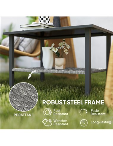 Outsunny Outdoor Rattan Coffee Table with Tempered Glass Top, Storage Shelf, Foot Pads, for Patio, Balcony, Mixed-grey