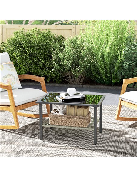 Outsunny Outdoor Rattan Coffee Table with Tempered Glass Top, Storage Shelf, Foot Pads, for Patio, Balcony, Mixed-grey - pic 156675 | FastDaddyshop