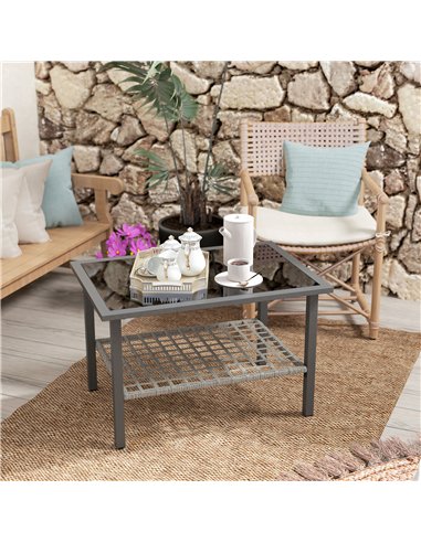 Outsunny Outdoor Rattan Coffee Table with Tempered Glass Top, Storage Shelf, Foot Pads, for Patio, Balcony, Mixed-grey