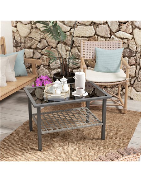 Outsunny Outdoor Rattan Coffee Table with Tempered Glass Top, Storage Shelf, Foot Pads, for Patio, Balcony, Mixed-grey - pic 156676 | FastDaddyshop