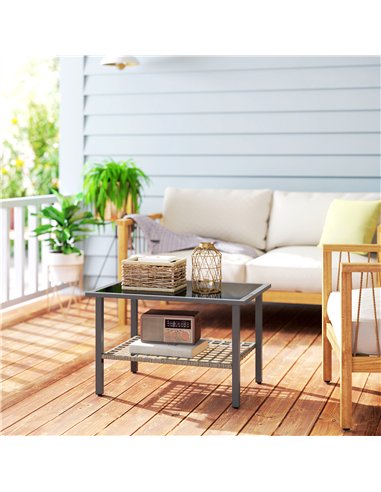 Outsunny Outdoor Rattan Coffee Table with Tempered Glass Top, Storage Shelf, Foot Pads, for Patio, Balcony, Mixed-grey
