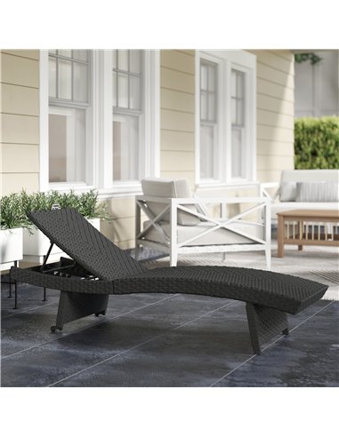 Outsunny Outdoor PE Rattan Sun Lounger, Folding Wicker Garden Lounger Recliner with 4-Level Adjustable Backrest, Rolling Sunbed 