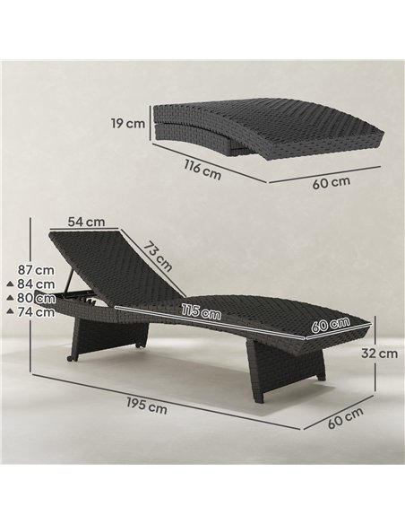 Outsunny Outdoor PE Rattan Sun Lounger, Folding Wicker Garden Lounger Recliner with 4-Level Adjustable Backrest, Rolling Sunbed  - pic 156680 | FastDaddyshop