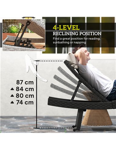 Outsunny Outdoor PE Rattan Sun Lounger, Folding Wicker Garden Lounger Recliner with 4-Level Adjustable Backrest, Rolling Sunbed 