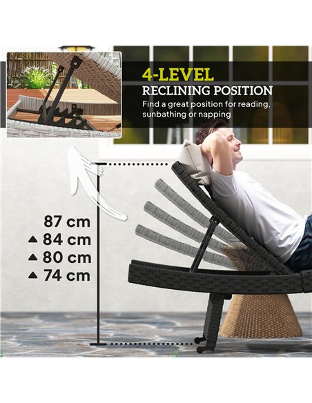Outsunny Outdoor PE Rattan Sun Lounger, Folding Wicker Garden Lounger Recliner with 4-Level Adjustable Backrest, Rolling Sunbed  - pic 156682 | FastDaddyshop