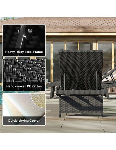 Outsunny Outdoor PE Rattan Sun Lounger, Folding Wicker Garden Lounger Recliner with 4-Level Adjustable Backrest, Rolling Sunbed 
