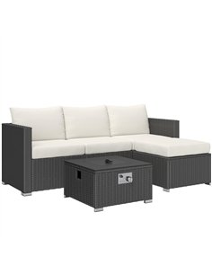 Outsunny Five Piece Rattan Garden Furniture Set with Gas Fire Pit Table and Footstool - Black and Cream White