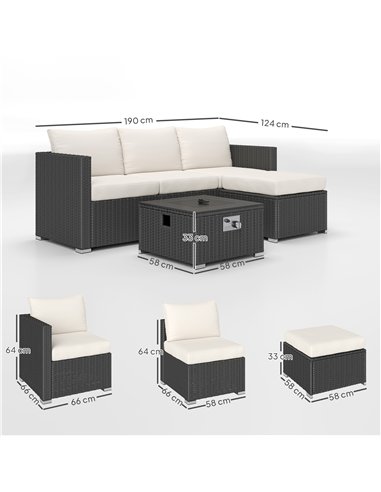 Outsunny Five Piece Rattan Garden Furniture Set with Gas Fire Pit Table and Footstool - Black and Cream White