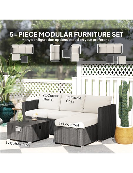 Outsunny Five Piece Rattan Garden Furniture Set with Gas Fire Pit Table and Footstool - Black and Cream White - pic 156690 | FastDaddyshop