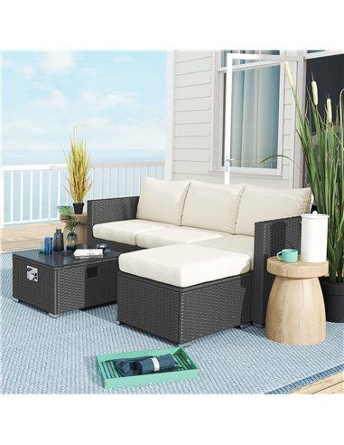 Outsunny Five Piece Rattan Garden Furniture Set with Gas Fire Pit Table and Footstool - Black and Cream White
