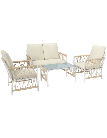 Outsunny 4 Piece Rattan Garden Furniture Set, 4 Seater Wicker Patio Conversation Set with 2 Armchairs, Loveseat, Glass Top Coffe - pic 156705 | FastDaddyshop