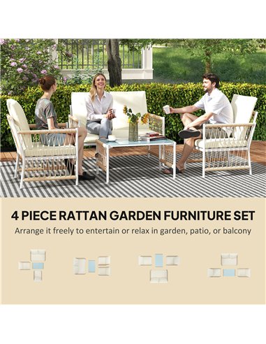 Outsunny 4 Piece Rattan Garden Furniture Set, 4 Seater Wicker Patio Conversation Set with 2 Armchairs, Loveseat, Glass Top Coffe