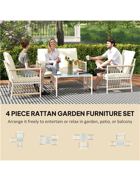Outsunny 4 Piece Rattan Garden Furniture Set, 4 Seater Wicker Patio Conversation Set with 2 Armchairs, Loveseat, Glass Top Coffe - pic 156708 | FastDaddyshop
