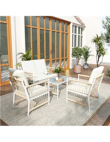 Outsunny 4 Piece Rattan Garden Furniture Set, 4 Seater Wicker Patio Conversation Set with 2 Armchairs, Loveseat, Glass Top Coffe