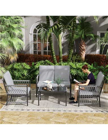 Outsunny 4 Piece Rattan Garden Furniture Set, 4 Seater Wicker Patio Conversation Set with 2 Armchairs, Loveseat, Glass Top Coffe