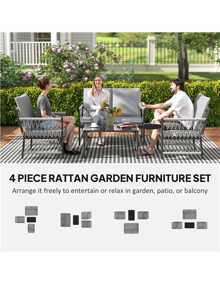 Outsunny 4 Piece Rattan Garden Furniture Set, 4 Seater Wicker Patio Conversation Set with 2 Armchairs, Loveseat, Glass Top Coffe - pic 156717 | FastDaddyshop