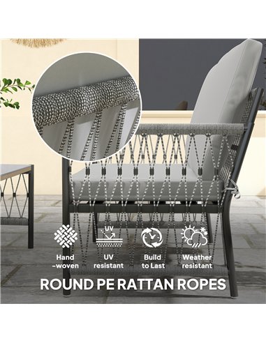 Outsunny 4 Piece Rattan Garden Furniture Set, 4 Seater Wicker Patio Conversation Set with 2 Armchairs, Loveseat, Glass Top Coffe
