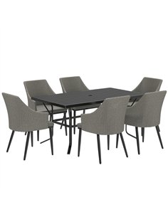 Outsunny 6 Seater Rattan Dining Set with Cushions, Garden Furniture Set with Armchairs, Rectangle Slatted Table Top, Steel Frame