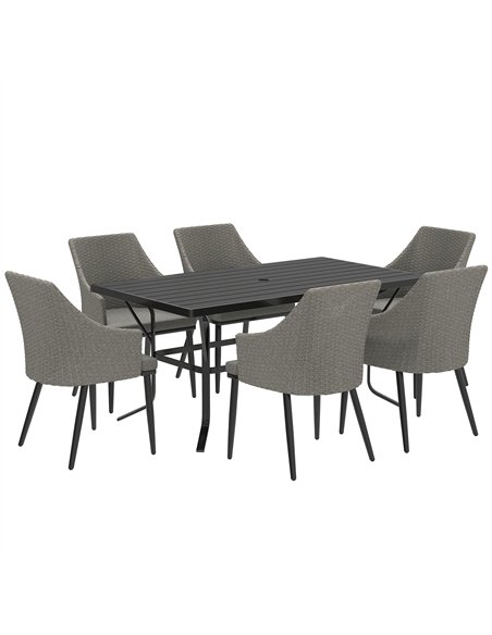 Outsunny 6 Seater Rattan Dining Set with Cushions, Garden Furniture Set with Armchairs, Rectangle Slatted Table Top, Steel Frame - pic 156732 | FastDaddyshop