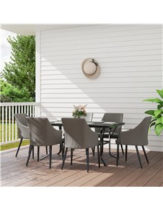 Outsunny 6 Seater Rattan Dining Set with Cushions, Garden Furniture Set with Armchairs, Rectangle Slatted Table Top, Steel Frame 2