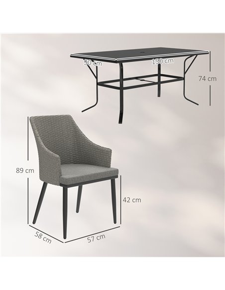 Outsunny 6 Seater Rattan Dining Set with Cushions, Garden Furniture Set with Armchairs, Rectangle Slatted Table Top, Steel Frame - pic 156734 | FastDaddyshop