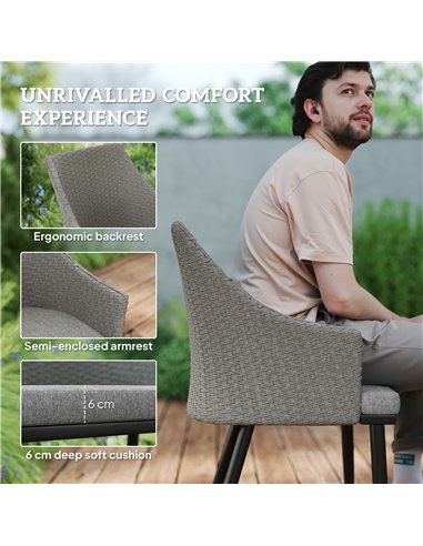 Outsunny 6 Seater Rattan Dining Set with Cushions, Garden Furniture Set with Armchairs, Rectangle Slatted Table Top, Steel Frame