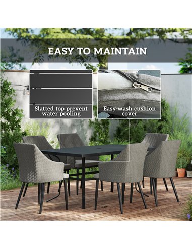 Outsunny 6 Seater Rattan Dining Set with Cushions, Garden Furniture Set with Armchairs, Rectangle Slatted Table Top, Steel Frame