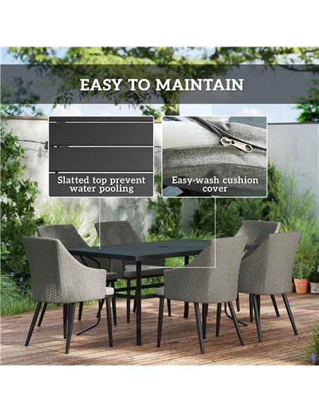 Outsunny 6 Seater Rattan Dining Set with Cushions, Garden Furniture Set with Armchairs, Rectangle Slatted Table Top, Steel Frame - pic 156738 | FastDaddyshop