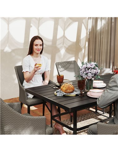 Outsunny 6 Seater Rattan Dining Set with Cushions, Garden Furniture Set with Armchairs, Rectangle Slatted Table Top, Steel Frame