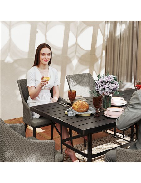 Outsunny 6 Seater Rattan Dining Set with Cushions, Garden Furniture Set with Armchairs, Rectangle Slatted Table Top, Steel Frame - pic 156740 | FastDaddyshop
