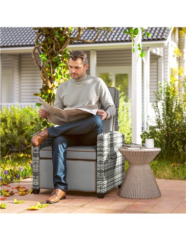 Outsunny 145° Reclining Rattan Armchair, with Footrest - Mixed Grey/Grey