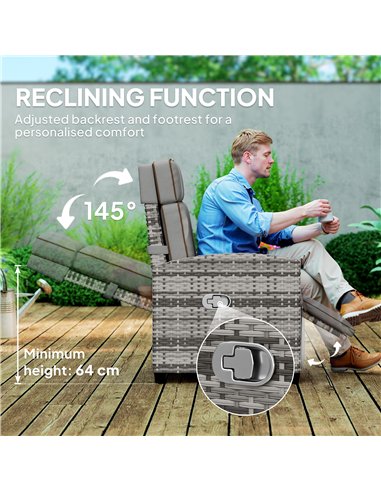 Outsunny 145° Reclining Rattan Armchair, with Footrest - Mixed Grey/Grey