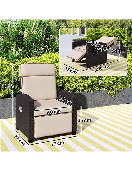 Outsunny 145° Reclining Rattan Armchair, with Footrest - Brown/Khaki - pic 156761 | FastDaddyshop