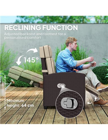 Outsunny 145° Reclining Rattan Armchair, with Footrest - Brown/Khaki