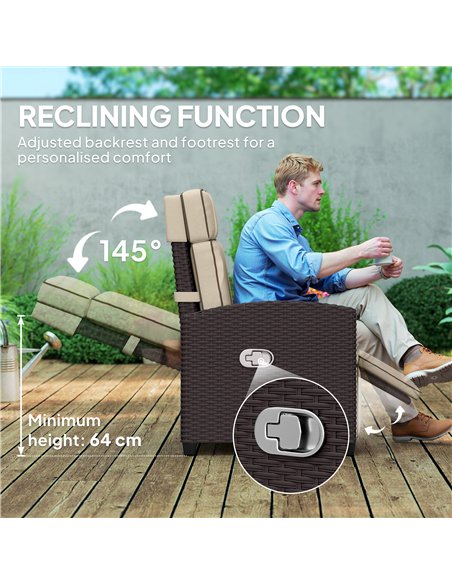 Outsunny 145° Reclining Rattan Armchair, with Footrest - Brown/Khaki - pic 156762 | FastDaddyshop
