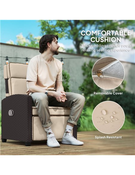 Outsunny 145° Reclining Rattan Armchair, with Footrest - Brown/Khaki - pic 156765 | FastDaddyshop