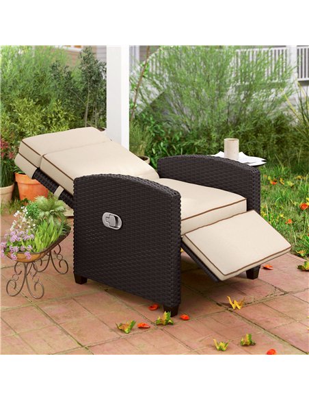 Outsunny 145° Reclining Rattan Armchair, with Footrest - Brown/Khaki - pic 156767 | FastDaddyshop