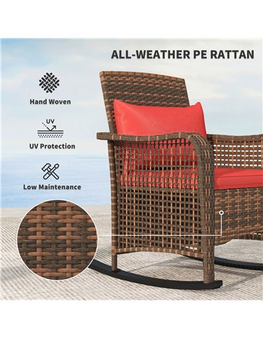 Outsunny Garden Rocking Chair, Outdoor Rattan Rocker Lounge Chair with Seat and Back Cushions, Patio Armchair Seat with All-weat