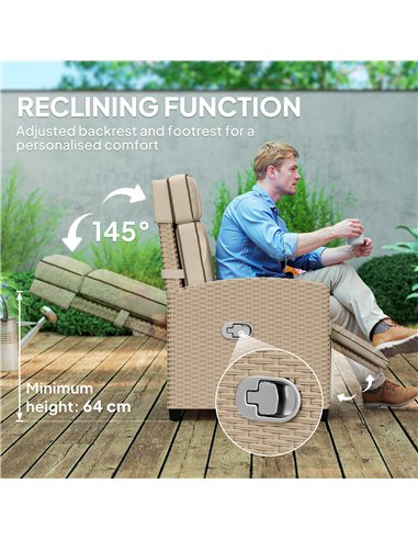 Outsunny 145° Reclining Rattan Armchair, with Footrest - Khaki/Beige