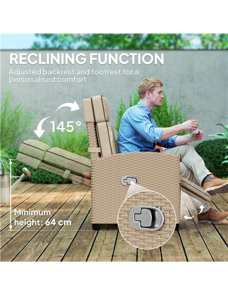 Outsunny 145° Reclining Rattan Armchair, with Footrest - Khaki/Beige - pic 156780 | FastDaddyshop