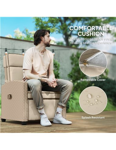Outsunny 145° Reclining Rattan Armchair, with Footrest - Khaki/Beige
