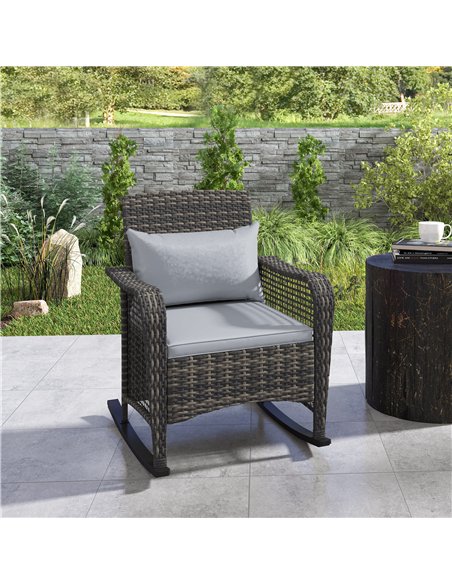 Outsunny Garden Rocking Chair, Outdoor Rattan Rocker Lounge Chair with Seat and Back Cushions, Patio Armchair Seat with All-weat - pic 156803 | FastDaddyshop