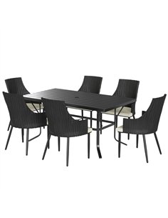 Outsunny 6 Seater Rattan Dining Set with Cushions, Garden Furniture Set with Armchairs, Rectangle Slatted Table Top, Steel Frame