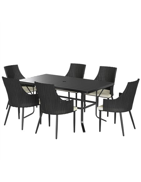 Outsunny 6 Seater Rattan Dining Set with Cushions, Garden Furniture Set with Armchairs, Rectangle Slatted Table Top, Steel Frame - pic 156813 | FastDaddyshop