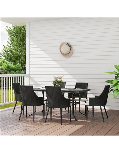 Outsunny 6 Seater Rattan Dining Set with Cushions, Garden Furniture Set with Armchairs, Rectangle Slatted Table Top, Steel Frame
