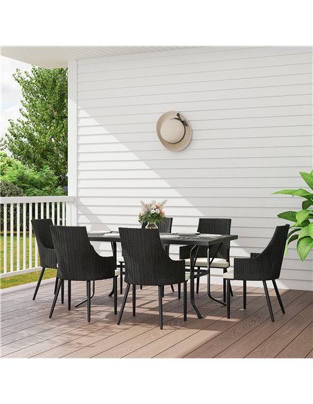 Outsunny 6 Seater Rattan Dining Set with Cushions, Garden Furniture Set with Armchairs, Rectangle Slatted Table Top, Steel Frame - pic 156814 | FastDaddyshop