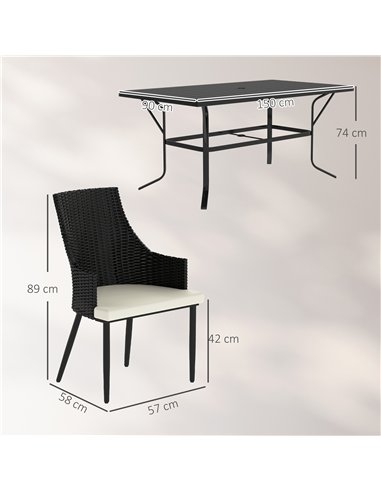 Outsunny 6 Seater Rattan Dining Set with Cushions, Garden Furniture Set with Armchairs, Rectangle Slatted Table Top, Steel Frame