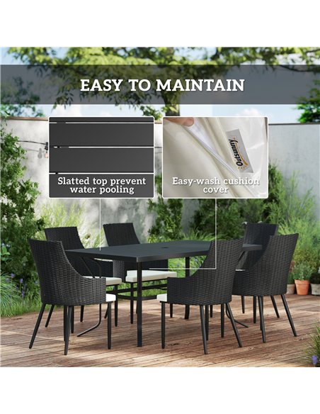 Outsunny 6 Seater Rattan Dining Set with Cushions, Garden Furniture Set with Armchairs, Rectangle Slatted Table Top, Steel Frame - pic 156819 | FastDaddyshop